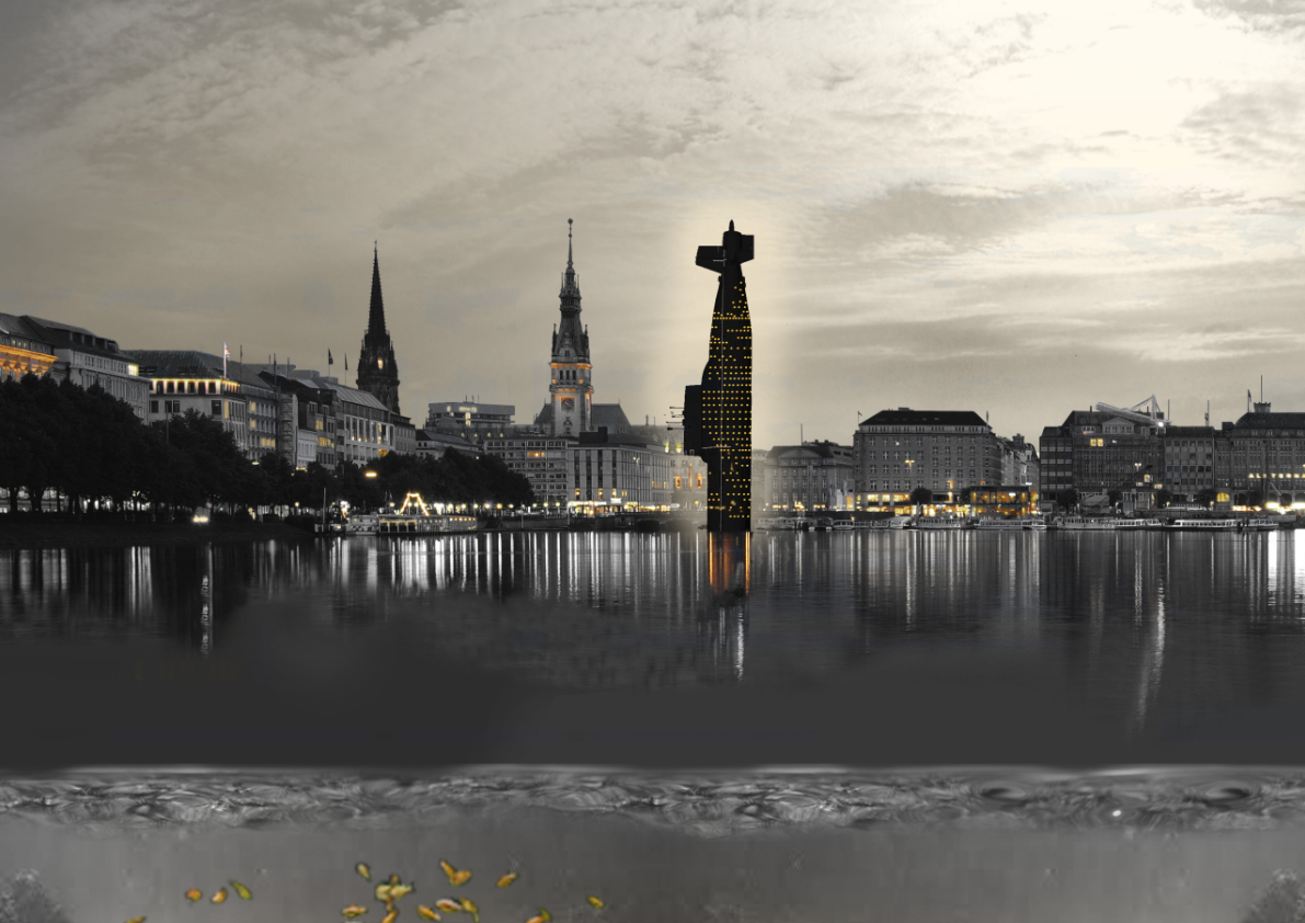 Architekturkonzept eines umgenutzten U-Boots als vertikales Gebäude auf der Innen-Alster mit Hotel und Bungee Jumping