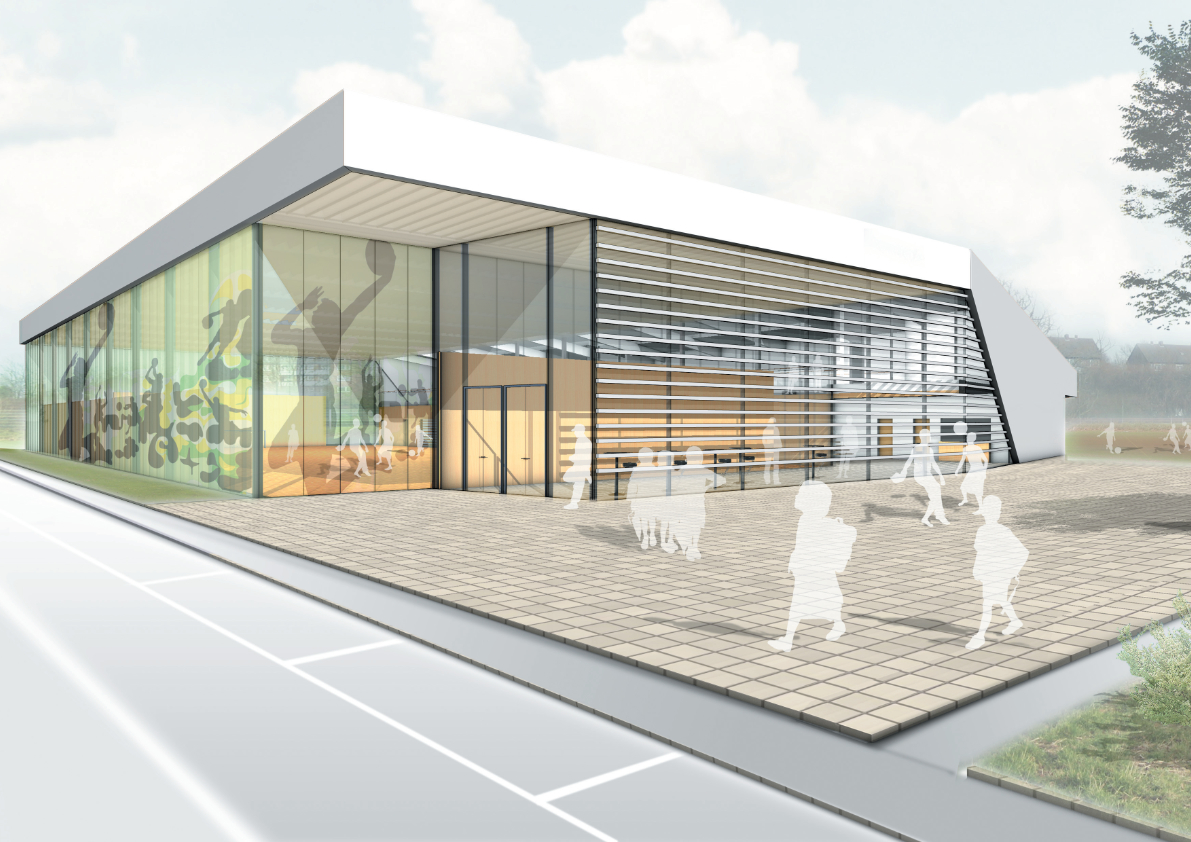 Visualisierung einer modernen Sporthalle mit transparenter Glasfassade und vorgelagerter Platzfläche.